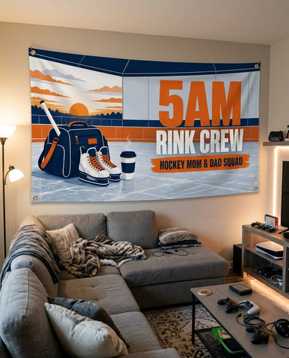 5AM Rink Crew flag decorating a game room wall