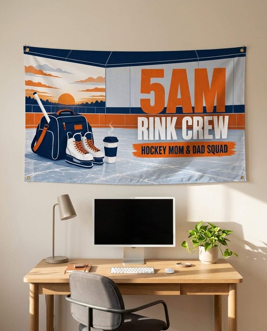5AM Rink Crew 3x5 hockey flag on a home office wall