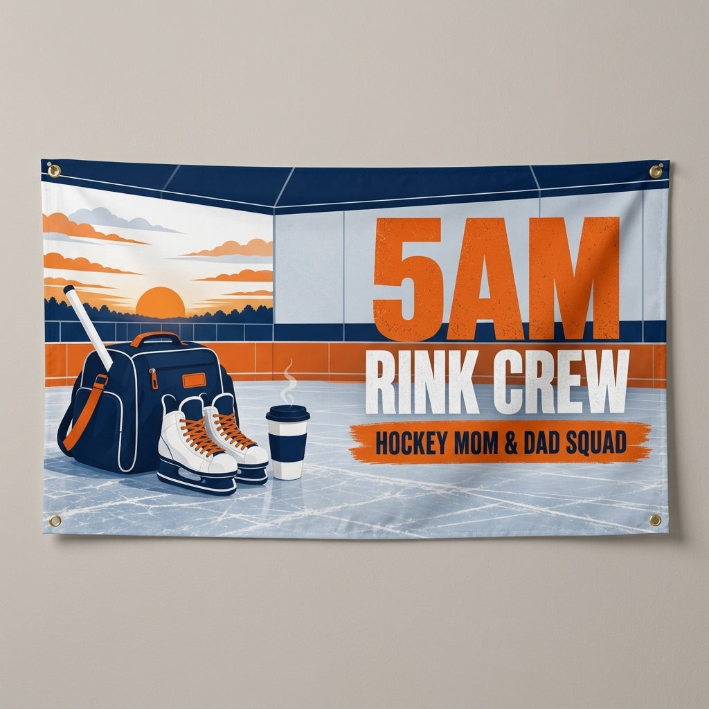 5AM Rink Crew hockey parent flag 3x5 with skates, a bag and coffee at a rink, hung on a gray wall