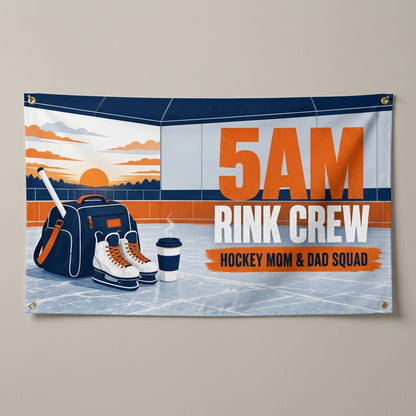 5AM Rink Crew hockey parent flag 3x5 with skates, a bag and coffee at a rink, hung on a gray wall