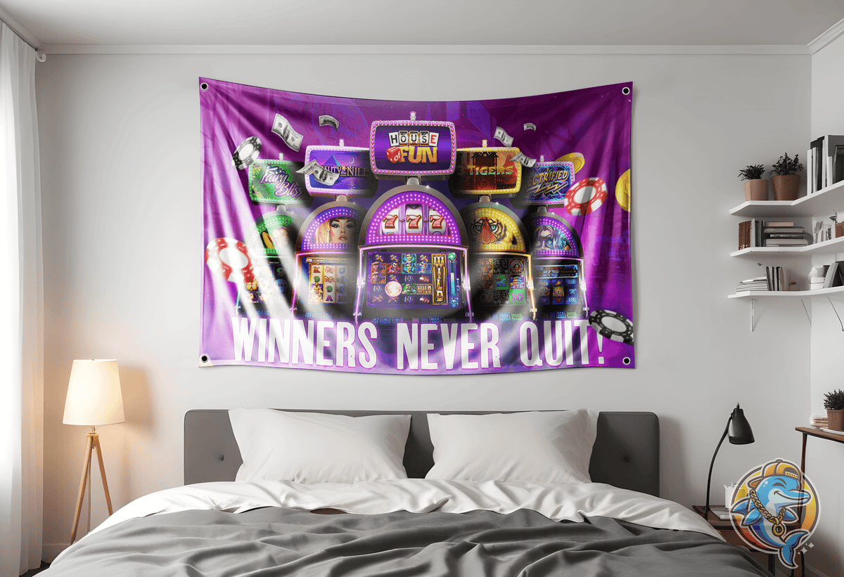 Winners Never Quit Gambling Flag Hung Up In A Dorm Room