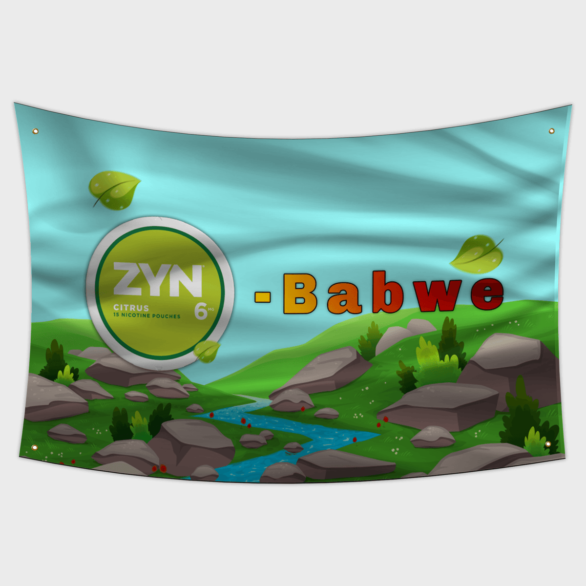 zyn flag with a zyn container and grass and a river