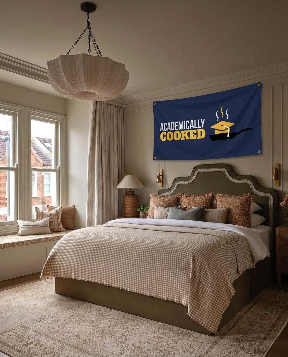 Academically Cooked dorm wall flag hanging in a bedroom