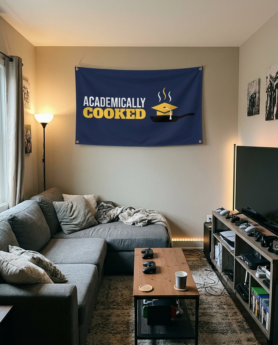 Academically Cooked flag decorating a game room wall
