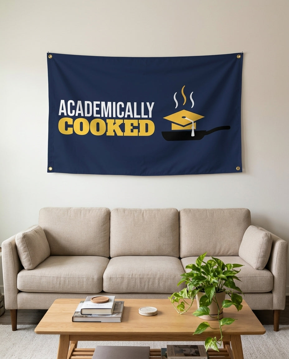 Academically Cooked flag used as living room wall decor