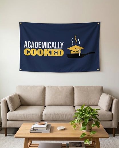 Academically Cooked flag used as living room wall decor