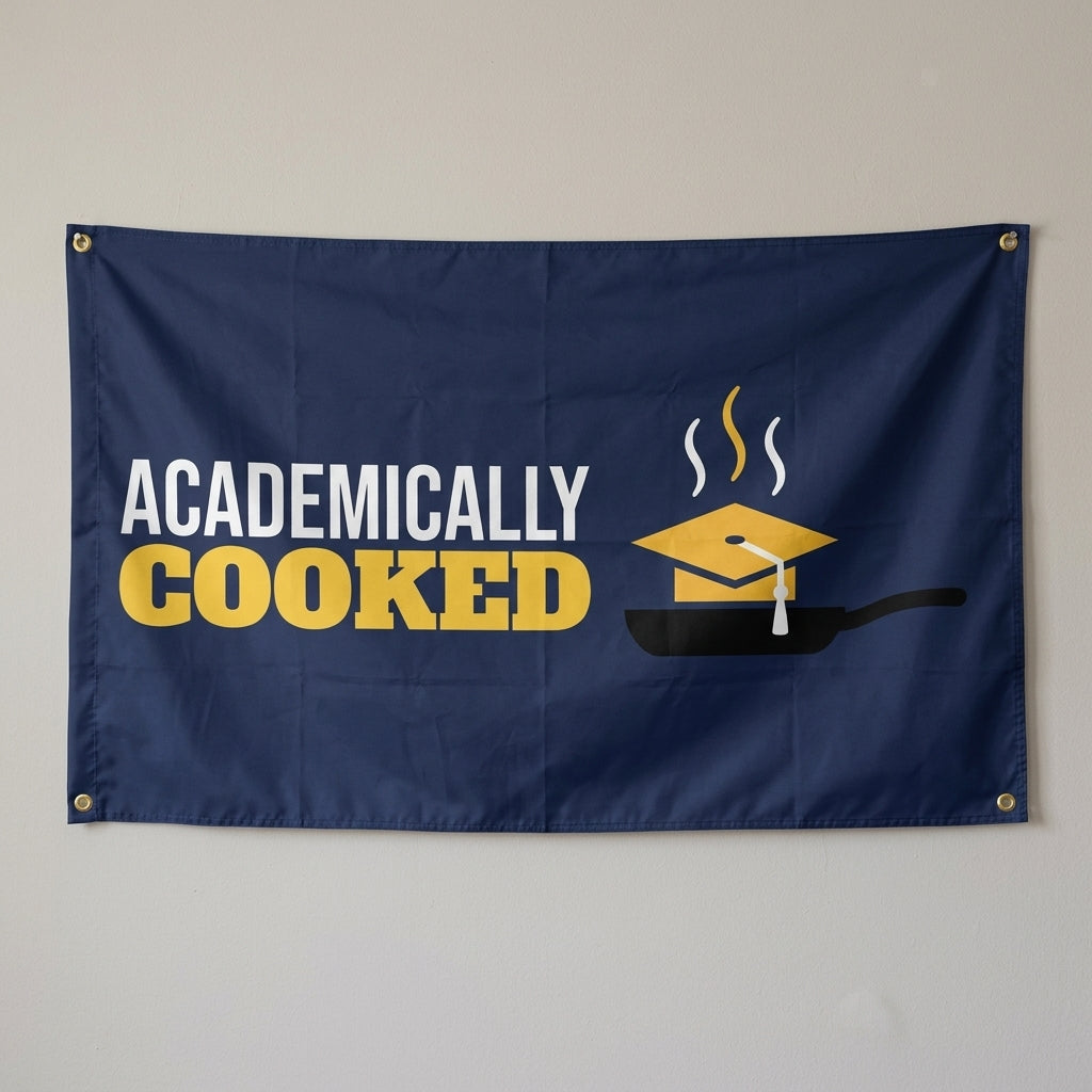 Academically Cooked flag 3x5 in navy with a grad cap in a frying pan, hung on a wall