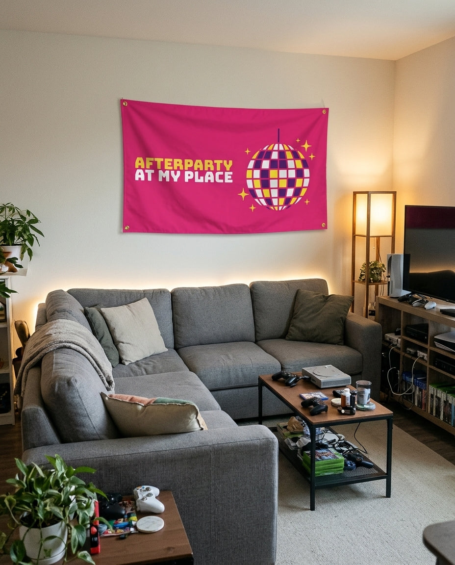 Afterparty At My Place flag decorating a game room wall