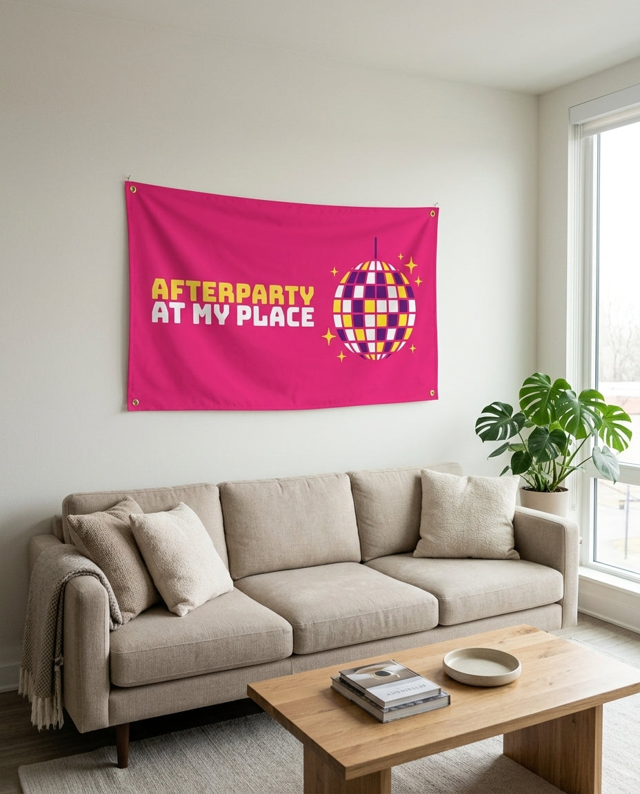 Afterparty At My Place flag used as living room wall decor