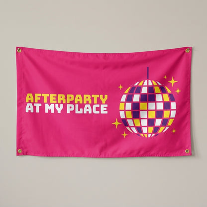 Afterparty At My Place flag 3x5 in hot pink with a sparkling disco ball, hung on a wall
