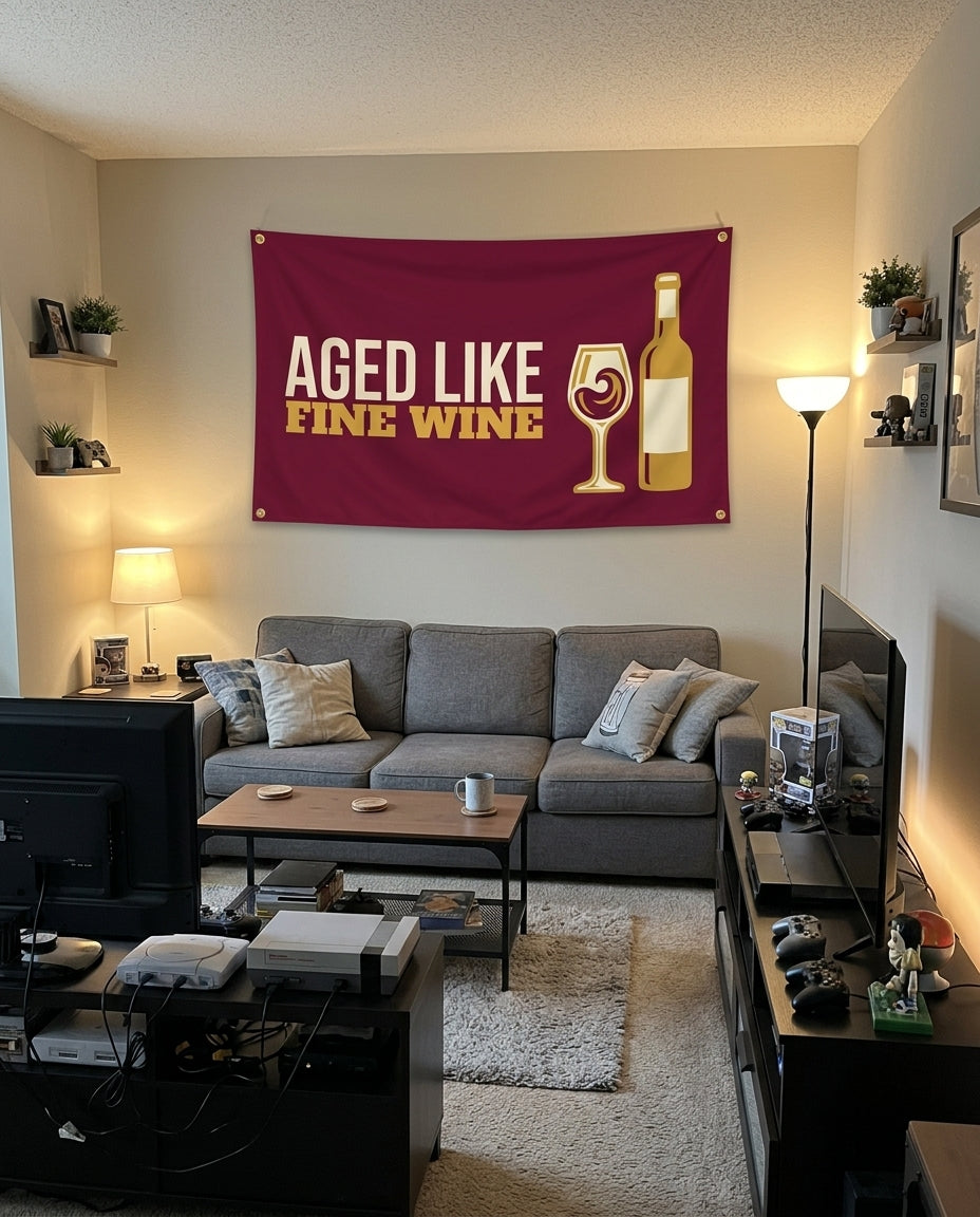 Aged Like Fine Wine flag decorating a game room wall