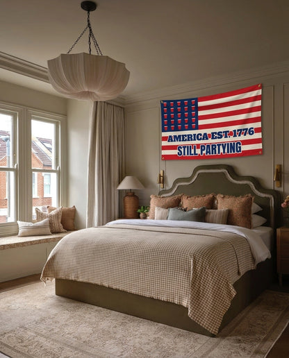 America Est 1776 Still Partying 4th of July wall flag hanging in a bedroom