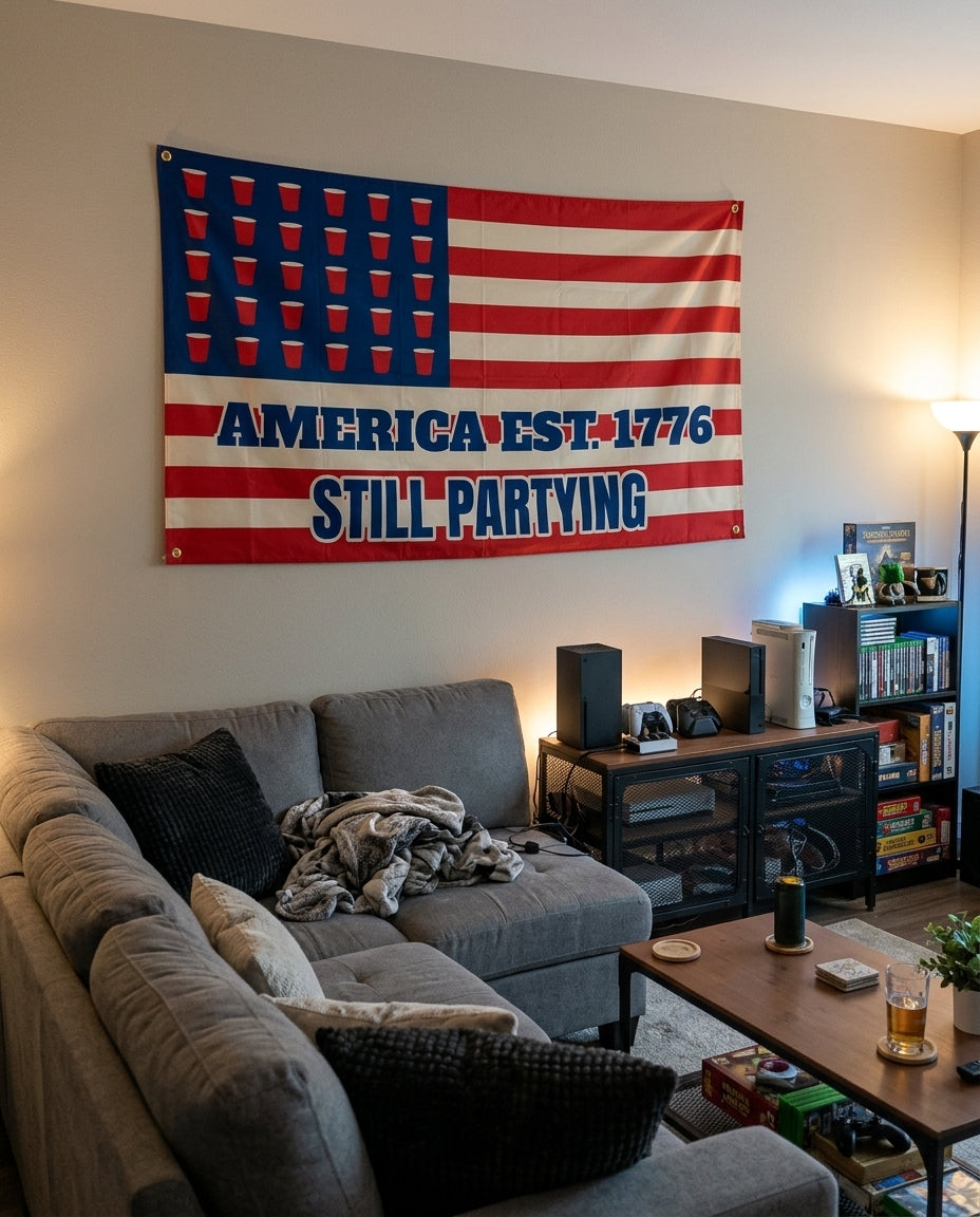 America Est 1776 Still Partying flag decorating a game room wall