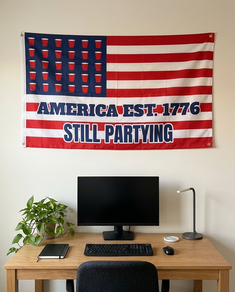 America Est 1776 Still Partying 3x5 flag on a home office wall