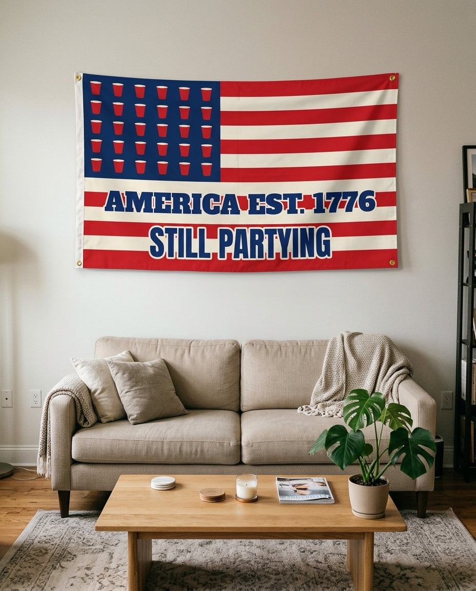 America Est 1776 Still Partying flag used as living room wall decor