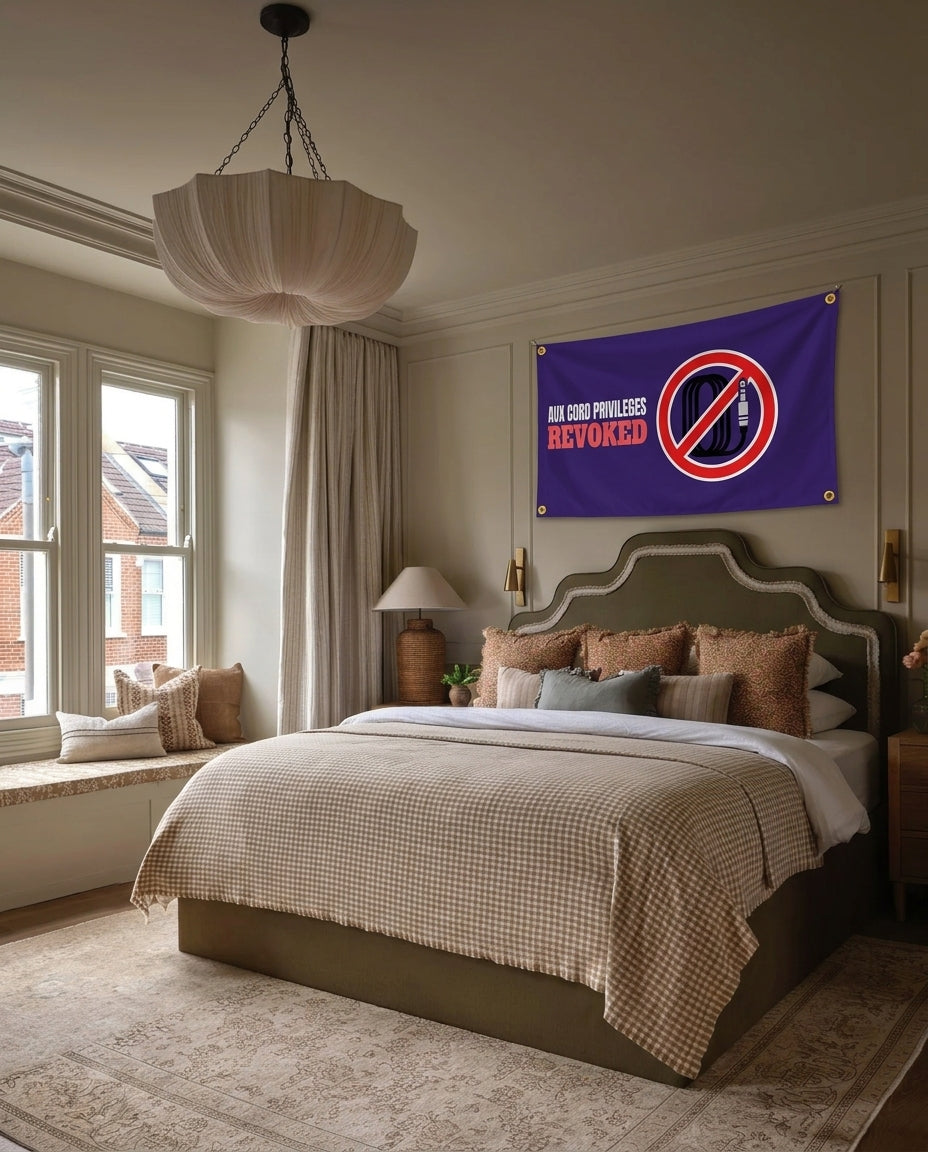 Aux Cord Privileges Revoked music wall flag hanging in a bedroom