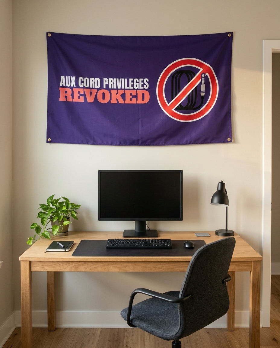 Aux Cord Privileges Revoked 3x5 flag on a home office wall