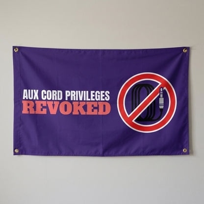 Aux Cord Privileges Revoked flag 3x5 in dark purple with an aux cord in a no symbol, hung on a wall