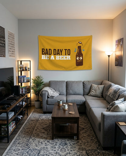 Nervous Beer Bottle flag decorating a game room wall