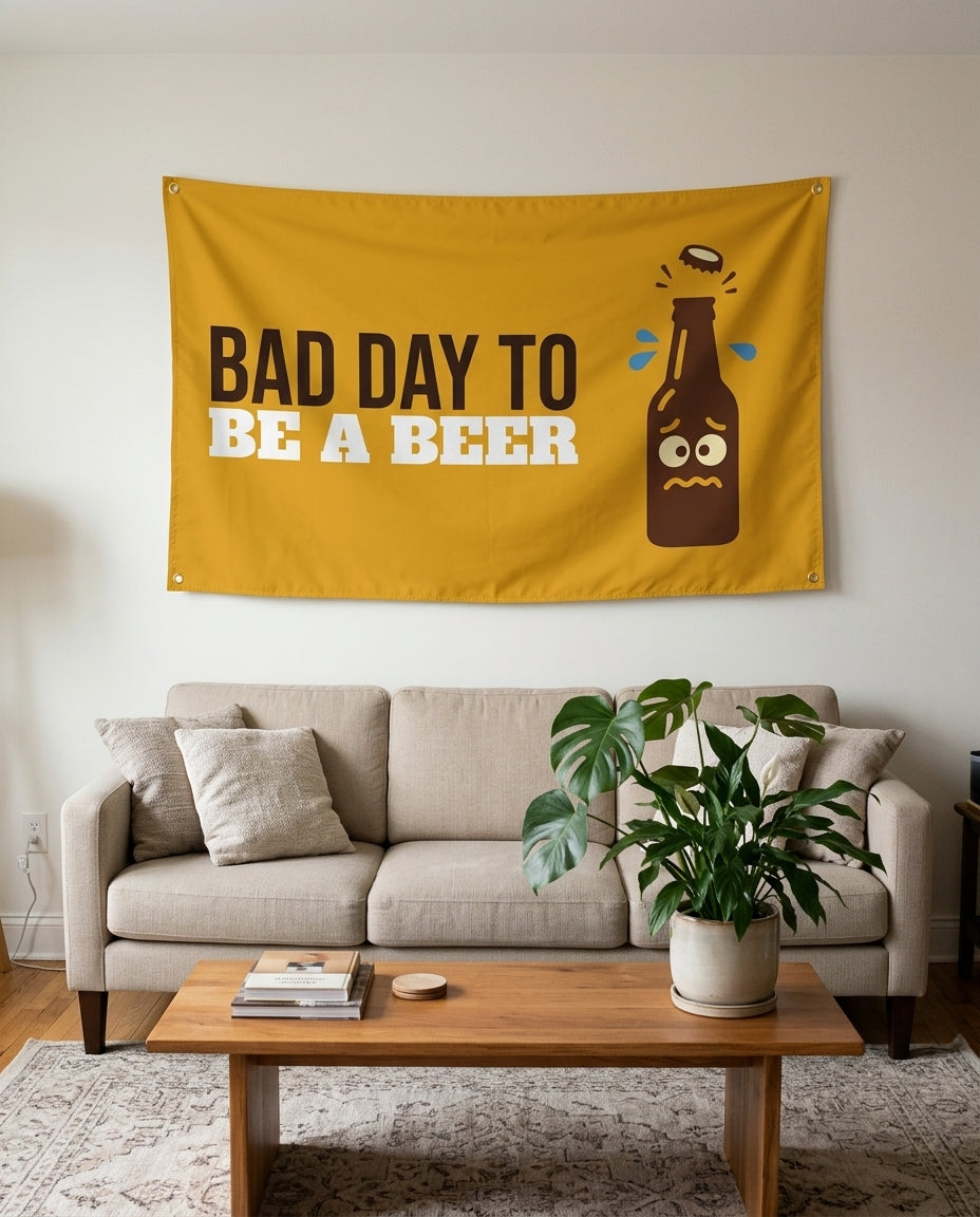 Nervous Beer Bottle flag used as living room wall decor