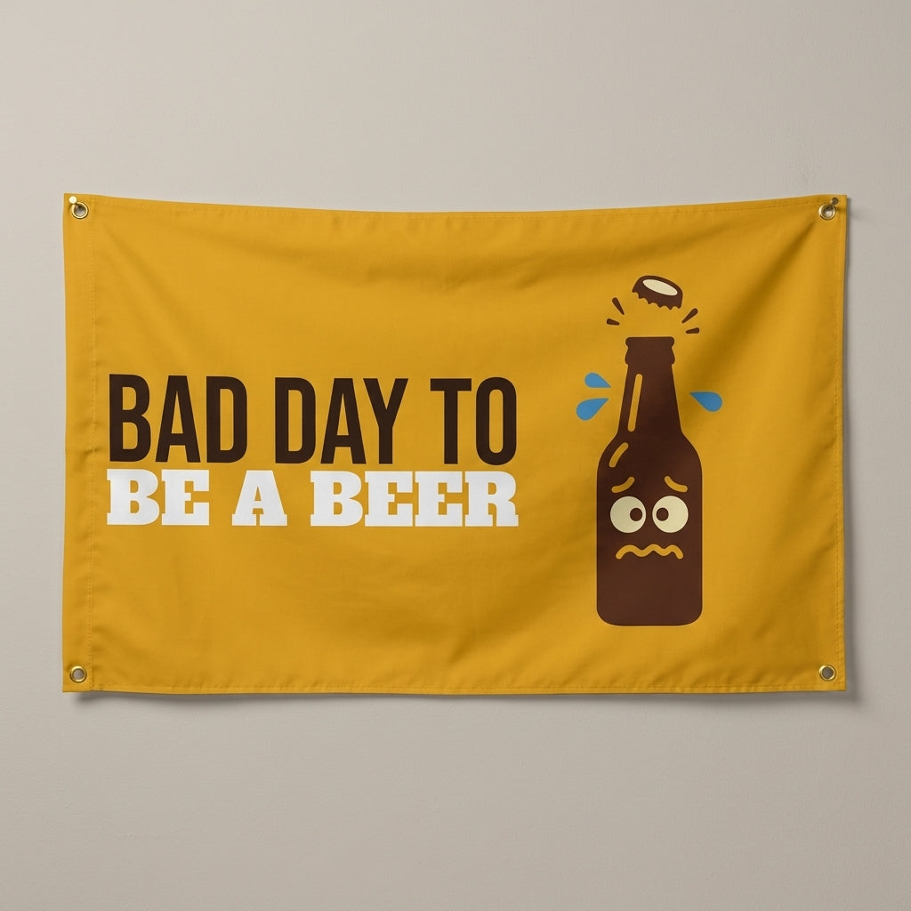 Nervous Beer Bottle flag 3x5 in mustard with a sweating cartoon beer bottle, hung on a wall