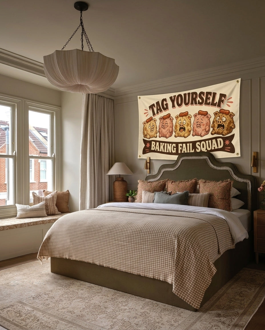 Baking Fail Squad funny wall flag hanging in a bedroom