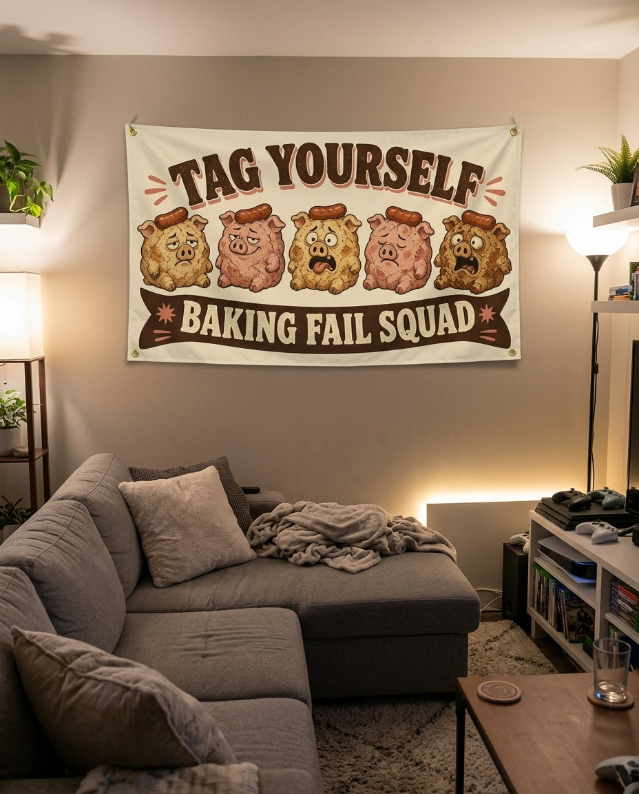 Baking Fail Squad flag decorating a game room wall