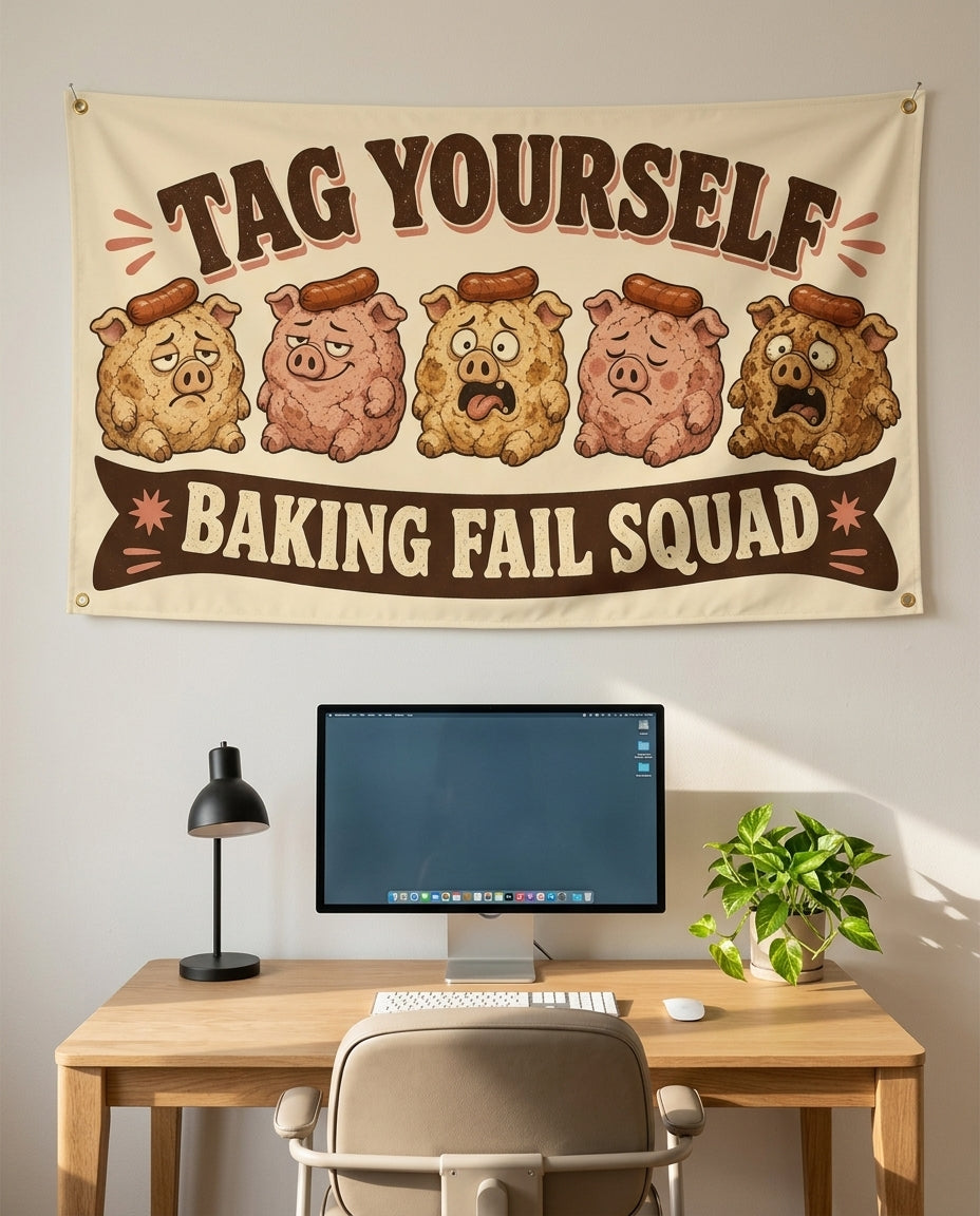 Baking Fail Squad 3x5 flag on a home office wall