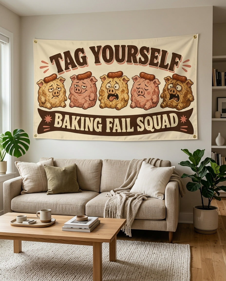 Cream Baking Fail Squad flag used as living room wall decor