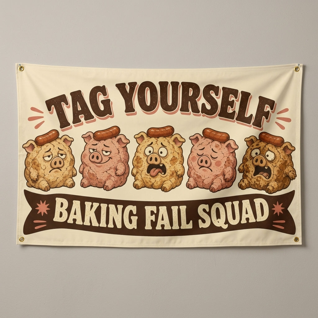 Baking Fail Squad flag 3x5 with five cartoon pig pastries and Tag Yourself text, hung on a gray wall