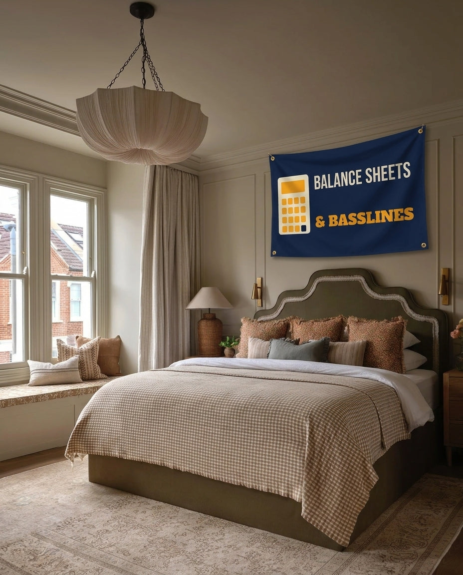 Balance Sheets And Basslines music wall flag hanging in a bedroom