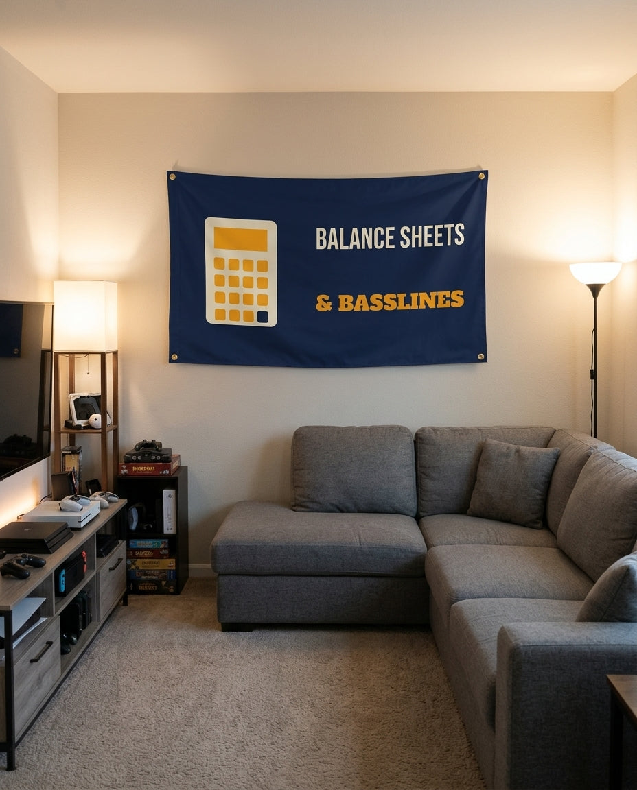 Balance Sheets And Basslines flag decorating a game room wall