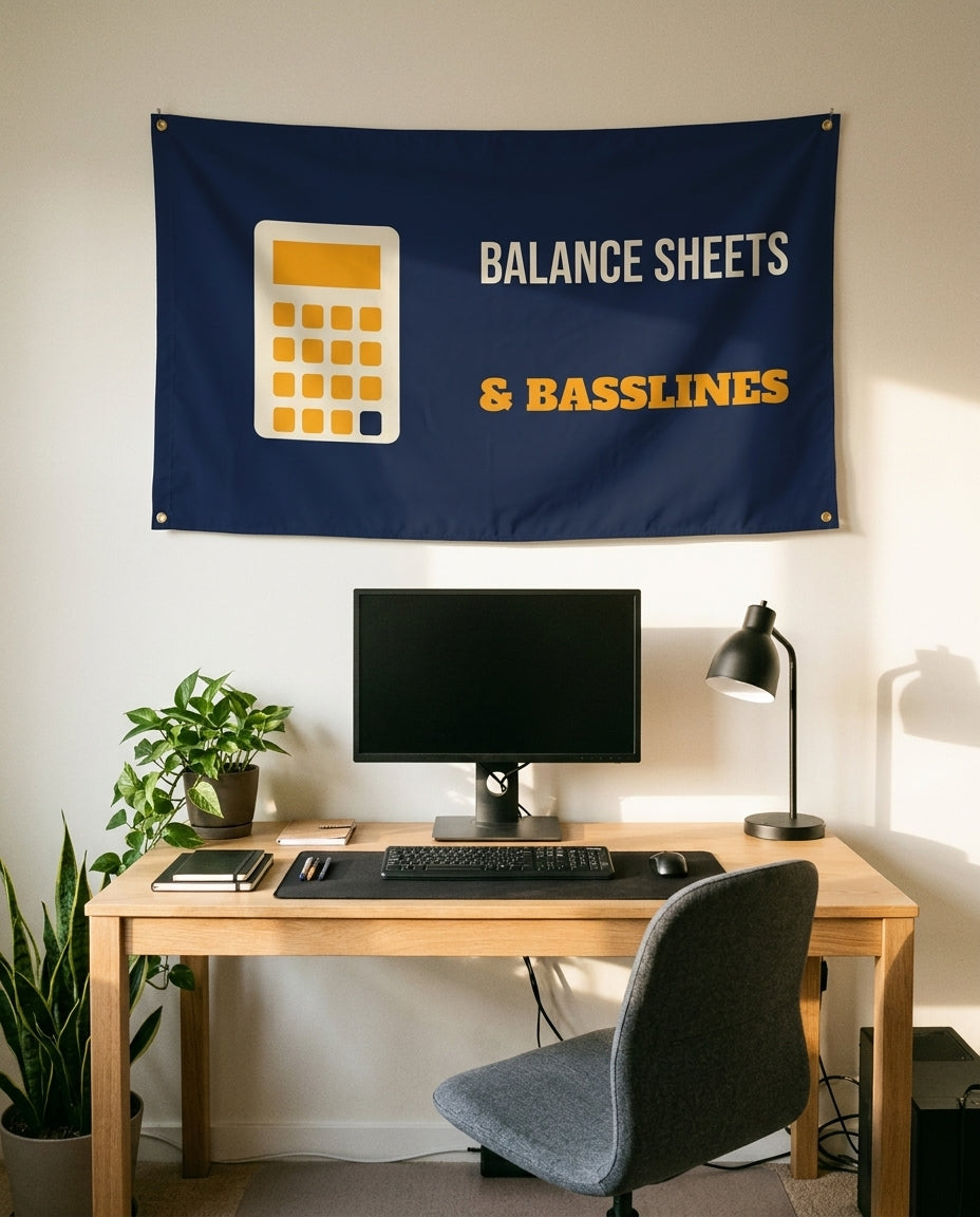 Balance Sheets And Basslines 3x5 flag on a home office wall