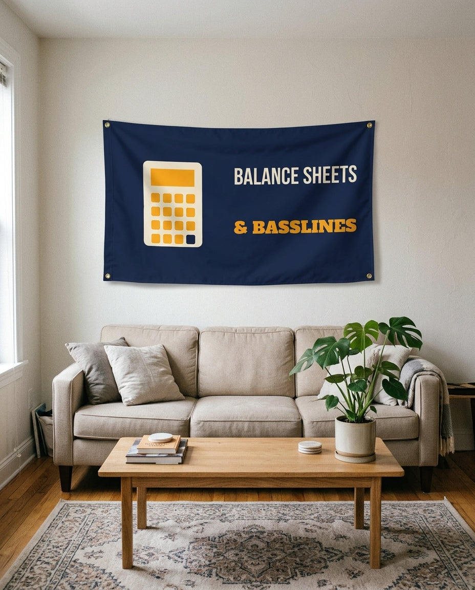 Balance Sheets And Basslines flag used as living room wall decor
