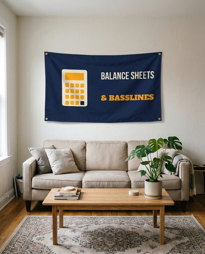 Balance Sheets And Basslines flag used as living room wall decor