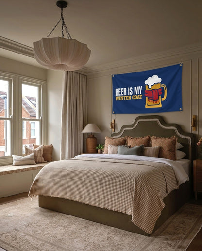 Beer Is My Winter Coat winter wall flag hanging in a bedroom