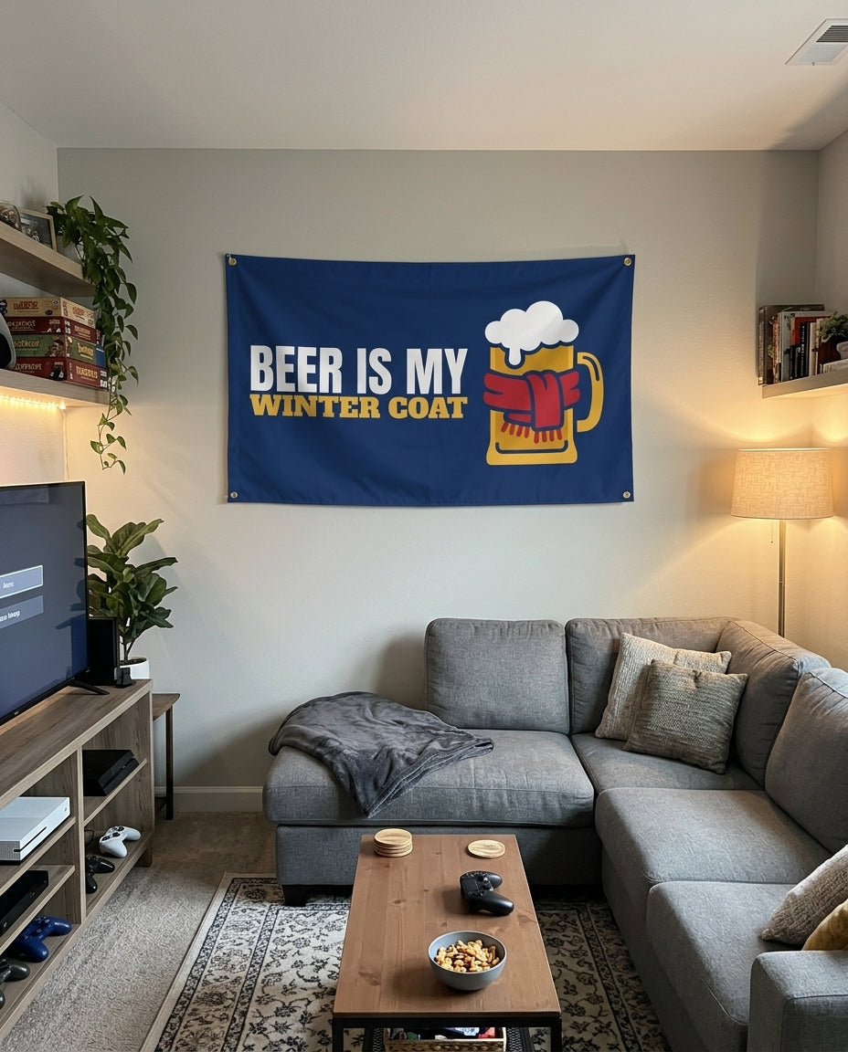 Beer Is My Winter Coat flag decorating a game room wall