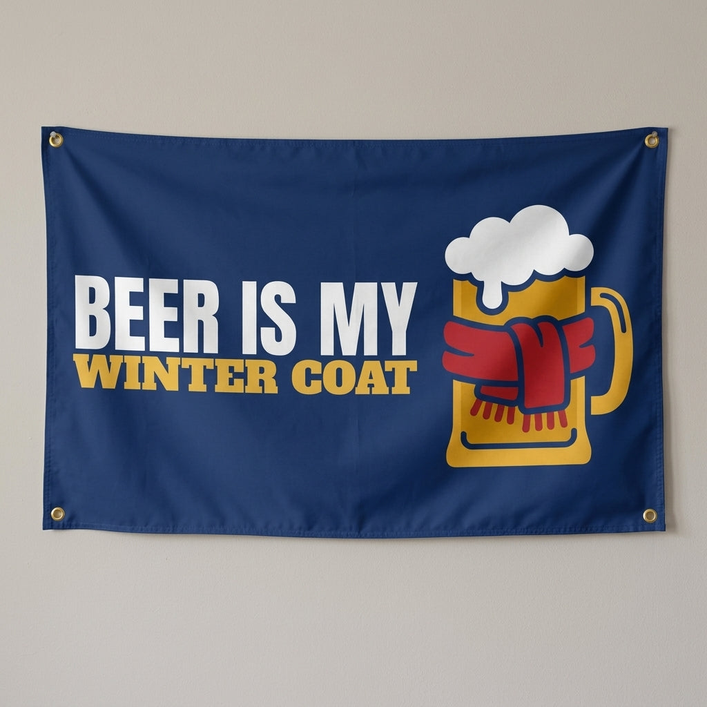 Beer Is My Winter Coat flag 3x5 in navy with a beer mug in a knit scarf, hung on a wall
