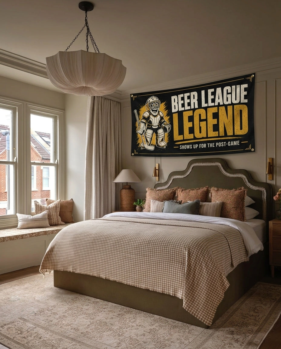 Beer League Legend funny hockey wall flag hanging in a bedroom