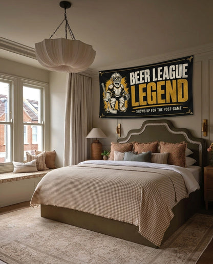 Beer League Legend funny hockey wall flag hanging in a bedroom