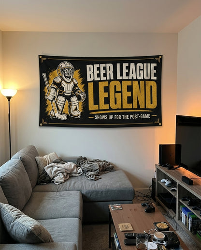Beer League Legend flag decorating a game room wall