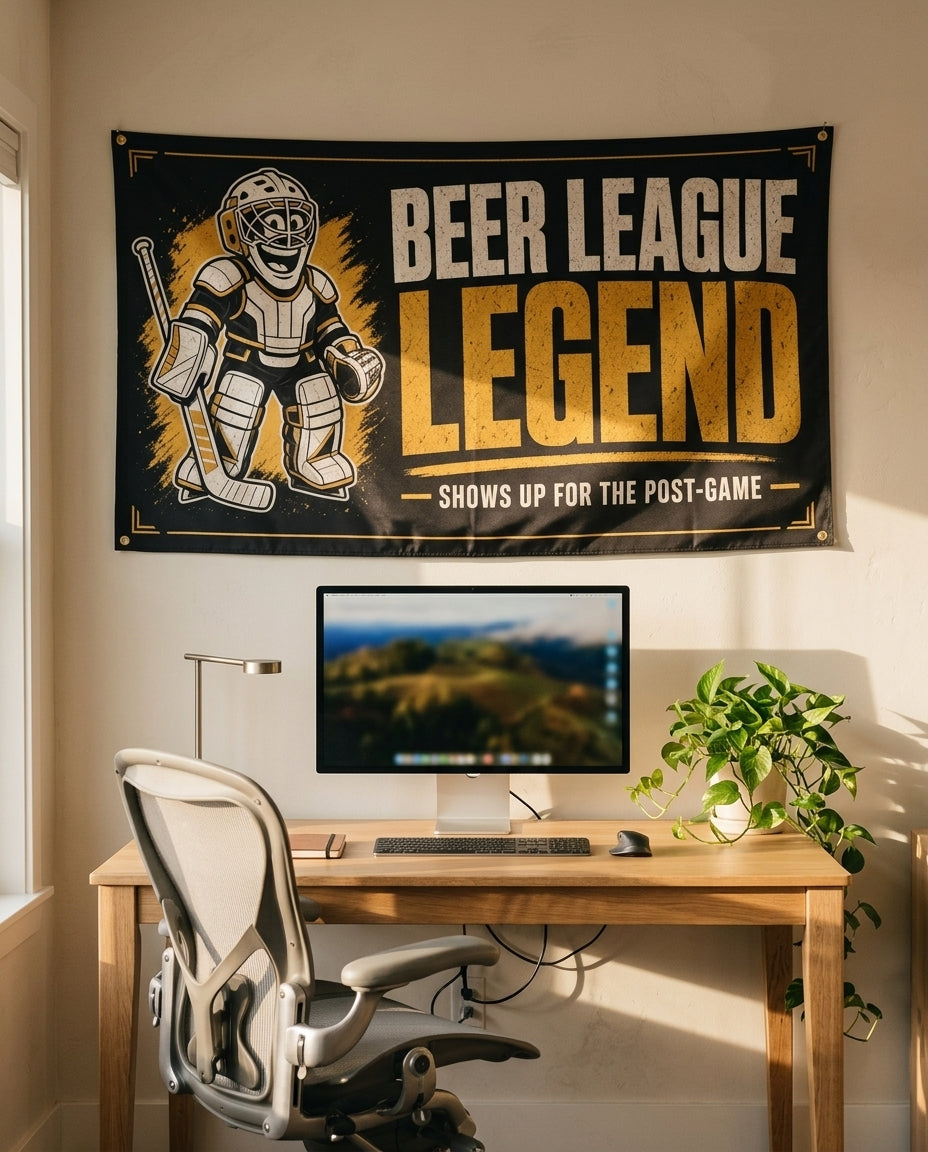 Beer League Legend 3x5 hockey flag on a home office wall