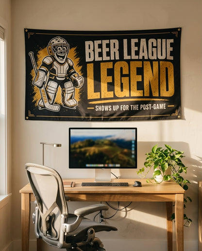 Beer League Legend 3x5 hockey flag on a home office wall
