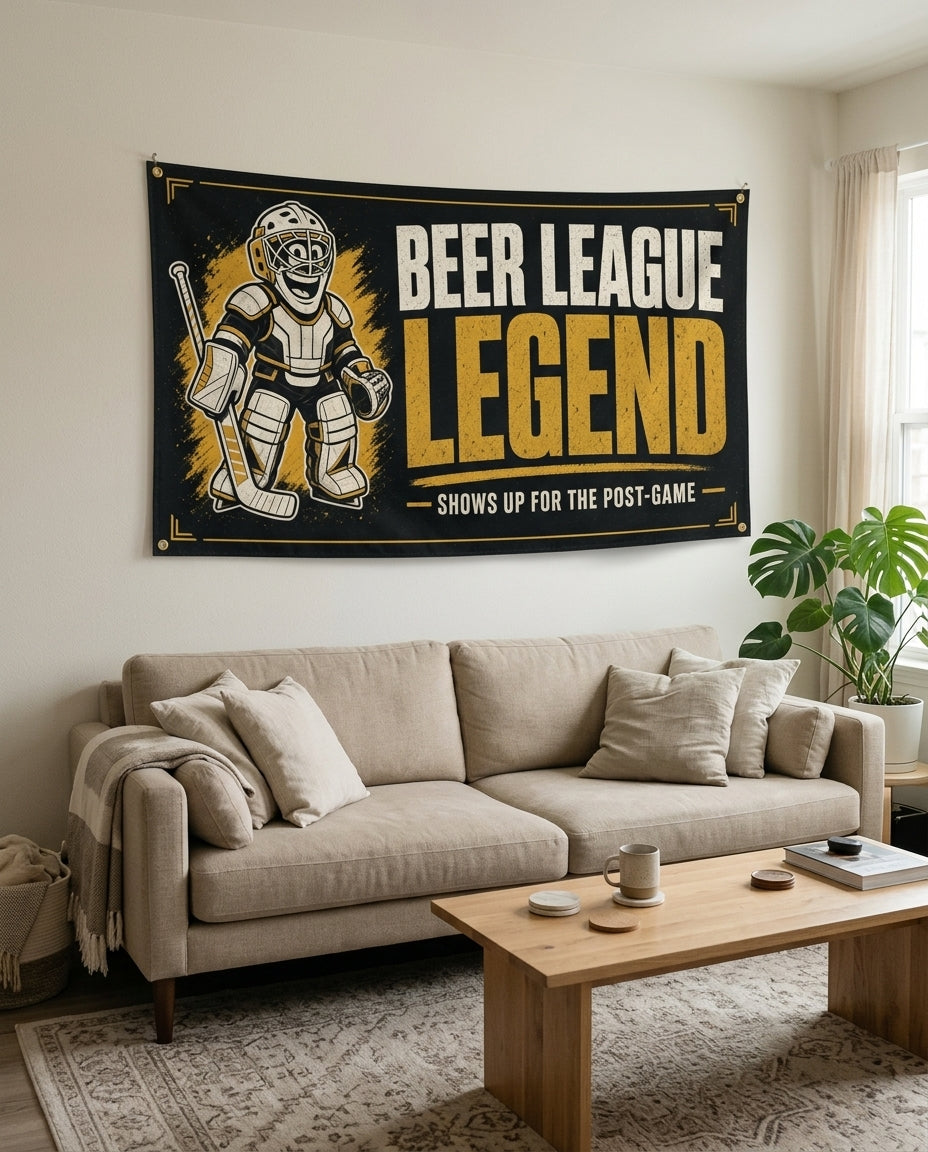 Black and gold Beer League Legend flag used as living room wall decor