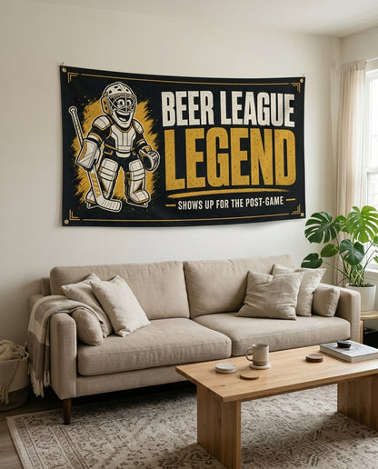 Black and gold Beer League Legend flag used as living room wall decor