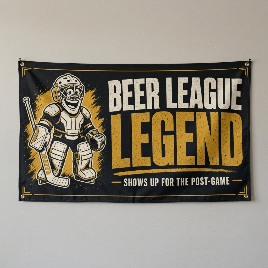 Beer League Legend hockey flag 3x5 in black and gold with a cartoon goalie, hung on a gray wall