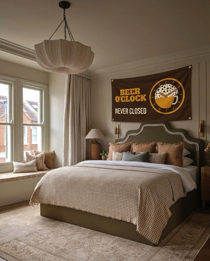 Beer O'Clock Never Closed party wall flag hanging in a bedroom