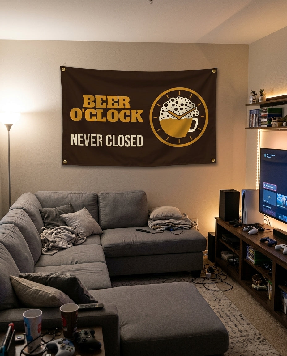 Beer O'Clock Never Closed flag decorating a game room wall