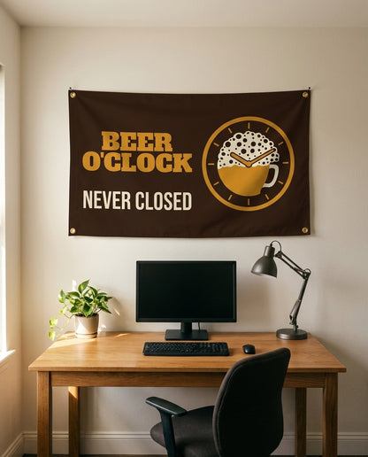 Beer O'Clock Never Closed 3x5 flag on a home office wall