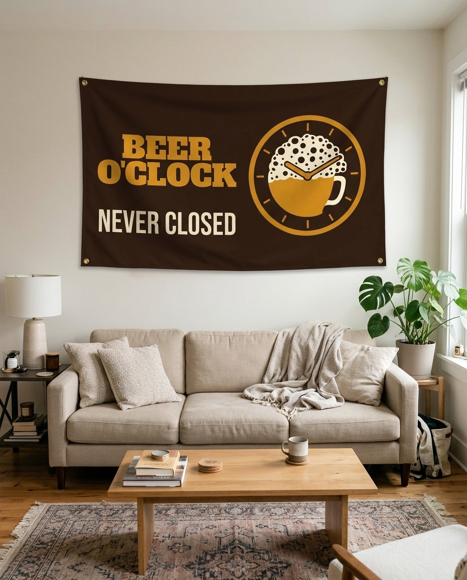 Beer O'Clock Never Closed flag used as living room wall decor